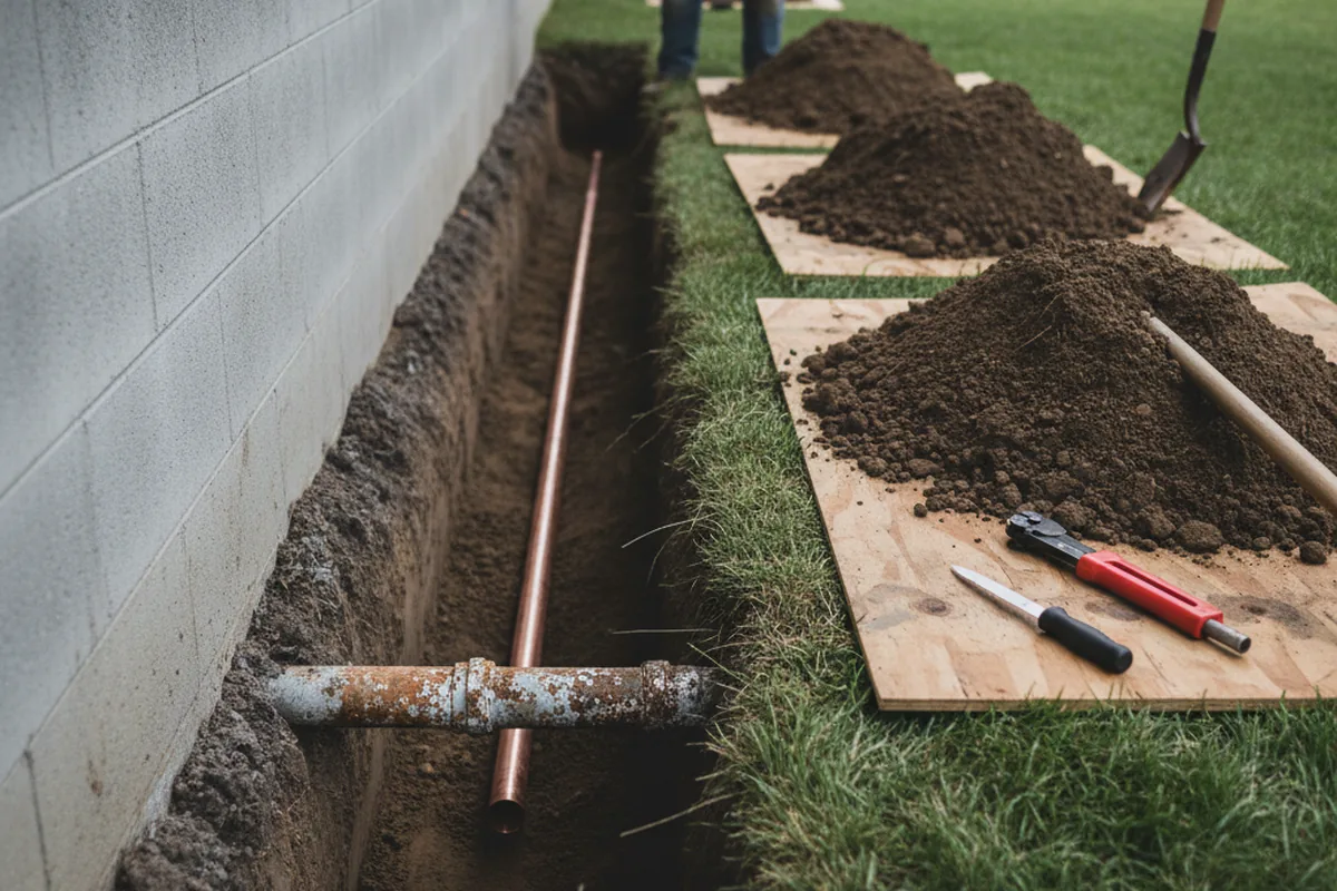 Excavated water line trench during Water Heater Repair in Skaneateles